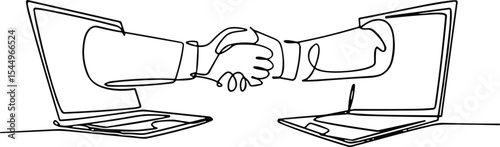  Continuous Line Drawing of Hands Shaking Emerging from Laptop Screens, Representing Online Business Agreement, Digital Partnership, Remote Collaboration, and Virtual Deal, Vector Art
