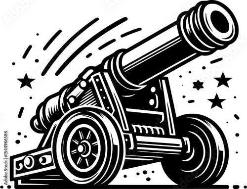War icon: artillery cannon in black and white minimalist line art