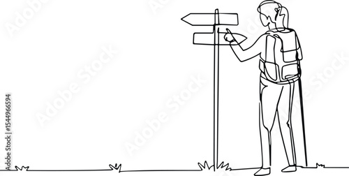 Continuous Line Drawing of a Hiker with Backpack Pointing at a Direction Signpost, Symbolizing Travel Decisions, New Paths, Adventure, and Choosing Future Directions, Vector Art