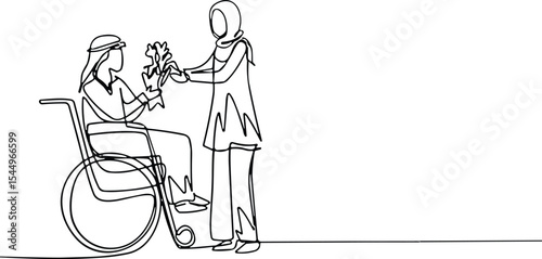 Single Continuous Line Drawing of a Woman Giving Flowers to a Disabled Man in a Wheelchair, Representing Compassion, Support, Care, and Inclusivity, Vector Art