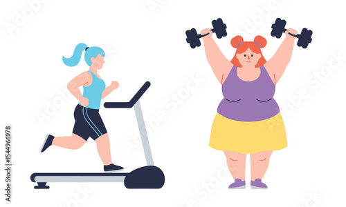 Women Exercising: Running on a Treadmill and Lifting Weights.  Illustration of two women exercising: running on a treadmill and lifting weights.