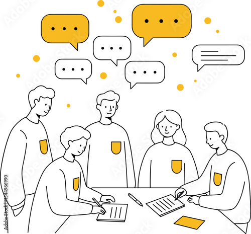 Group of Young People Engaged in Discussion with Speech Bubbles, Representing Brainstorming, Collaboration, Communication, Teamwork, and Idea Exchange, Vector Illustration