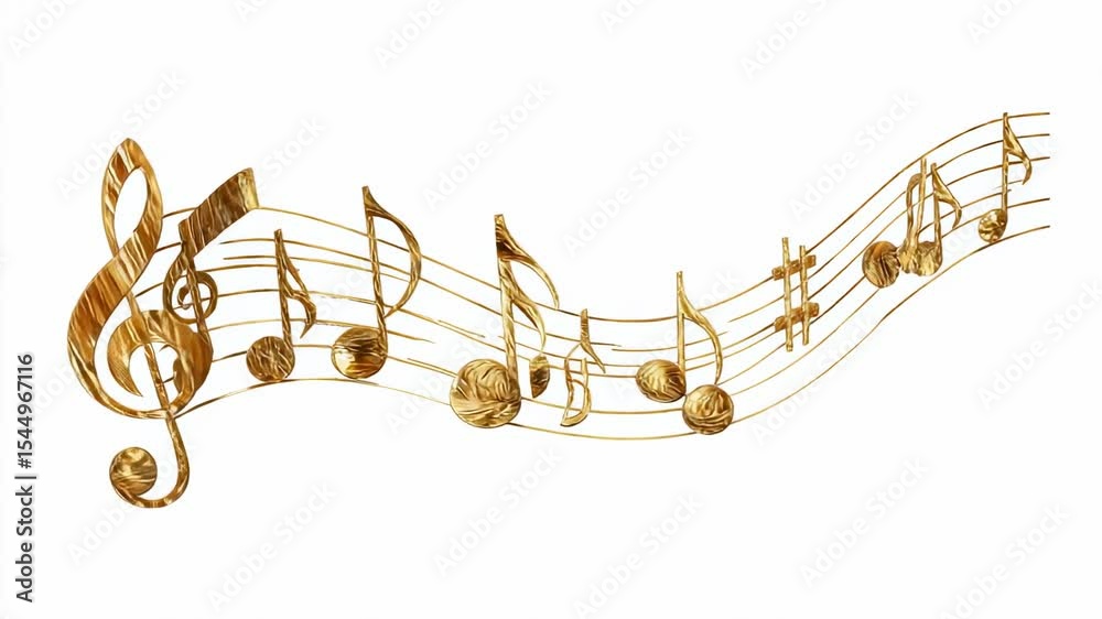 Golden musical notes and treble clef on swirling staff line isolated on white background illustration