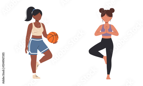 Illustration of a woman playing basketball and another performing a yoga pose.Women's Sports and Fitness: Basketball and Yoga Poses
