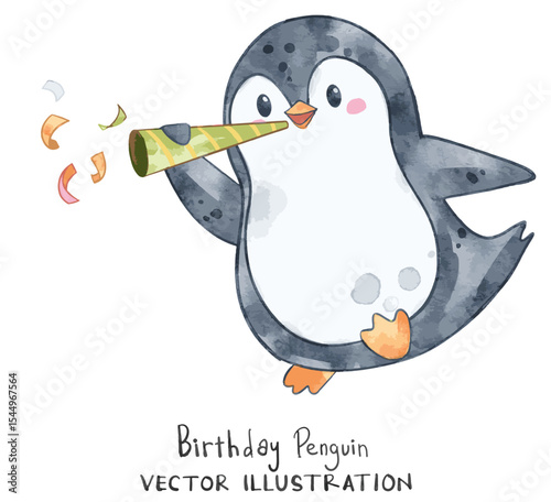 Cute penguin blows birthday trumpet and joy party. Watercolor vector perfect for birthday project and greeting cards design