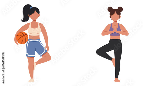 Women's Sports and Fitness: Basketball and Yoga Poses. Illustration of a woman playing basketball and another performing a yoga pose.