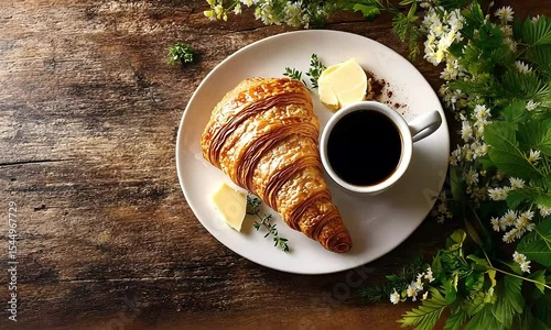 Golden Croissant Delight: A Fresh Morning Still Life of Pastry and Brew