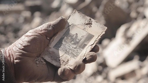 Weathered Hand Holding a Faded Photograph Among Rubble in Soft Daylight