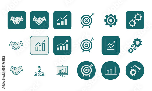 Business and Development Icons: Partnership, Growth, Target, and Process. A set of business icons in various styles: handshake, growth, target, and gears.