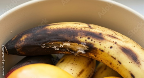 Overripe banana showcasing decomposition and decay in a bowl, close up view