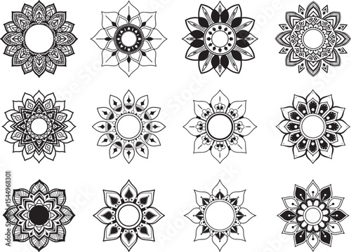 Collection of Artistic Floral Mandala Designs, Ornate Black and White Illustrations
