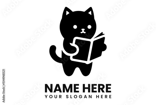Cute black cat logo holding an open book, simple design, with space for text.