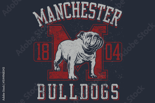 Design featuring a regal bulldog illustration, styled text, and bold colors, symbolizing sports fandom and mascot representation in a retro vintage look.