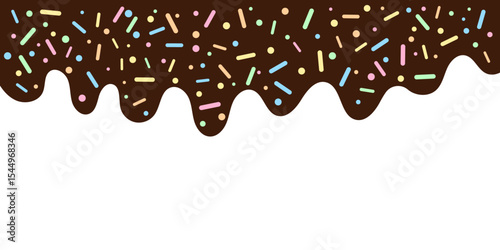 Rich Chocolate Dripping Icing with Colorful Sprinkles. Abstract Dessert Background. Vector Illustration