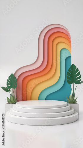 Colorful 3d stage with tropical plants ideal for product display and presentation