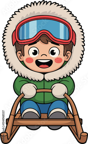 Young adventurer, wrapped in winter gear, beams with excitement as they sit atop a sled