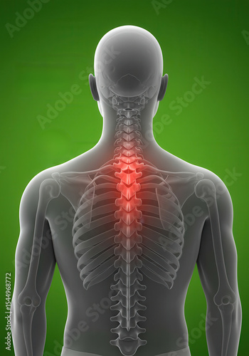 A 3D medical illustration of a human skeleton's painful spine and shoulder, showing an x-ray view of a body injury and bone health