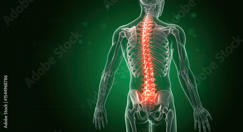Painful human spine and shoulder 3D anatomy illustration with X-ray of bones