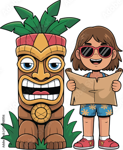 Tourist Adventures with a Tiki Idol A cheerful young tourist, clad in sunglasses and tropical shorts, consults a map alongside a towering tiki idol.