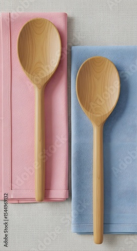 Two Wooden Spoons on Pink and Blue Napkins Generative AI