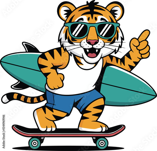 Surf's Up, Tiger A cool tiger, ready for summer fun, is riding a skateboard