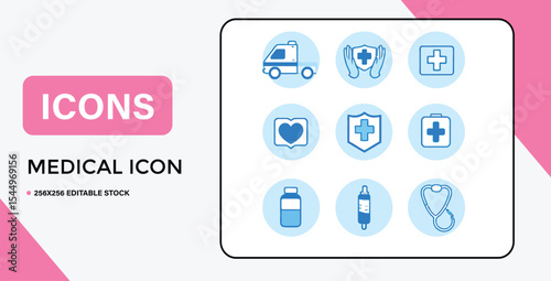 Medical Icon Set Featuring Ambulance Protection First Aid and Stethoscope in Blue