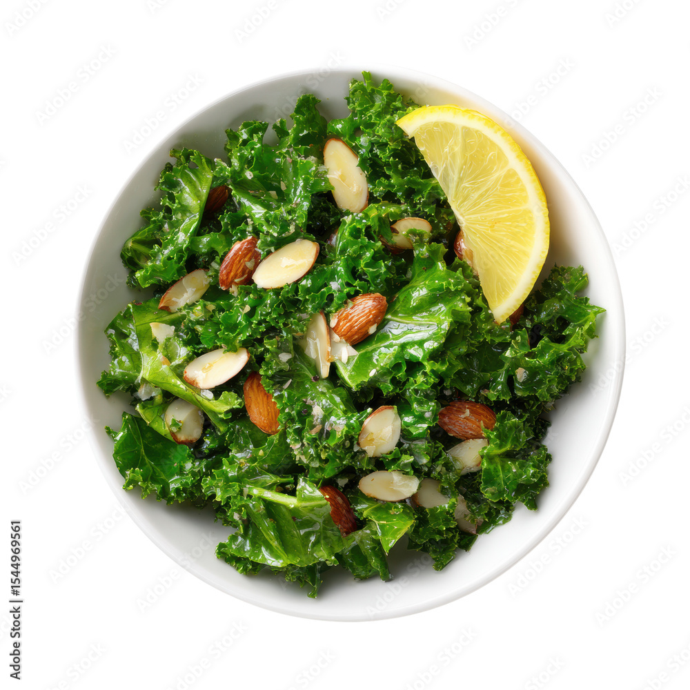 Healthy food kale salad with almond and lemon slice in white bowl top view Healthy food kale salad with almond and lemon slice in white bowl top view