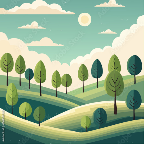 Layered Vector Tree Landscape Repeat Pattern Illustration