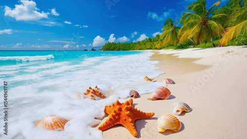 Tropical beach with starfish and seashells on white sand, turquoise sea and palm trees under blue sky. Summer holiday scene with peaceful and exotic atmosphere