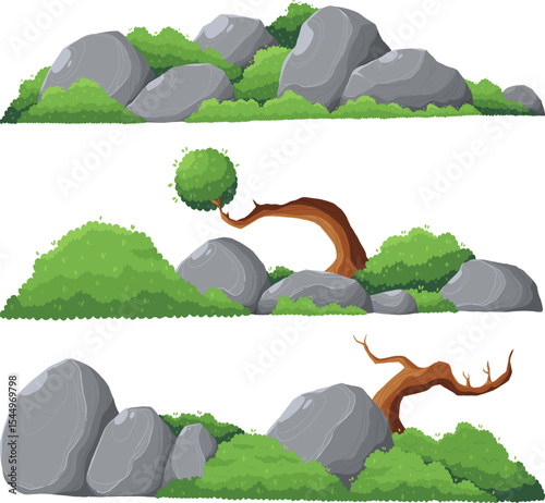 juni13 Cartoon Rock Formations with Greenery and Trees