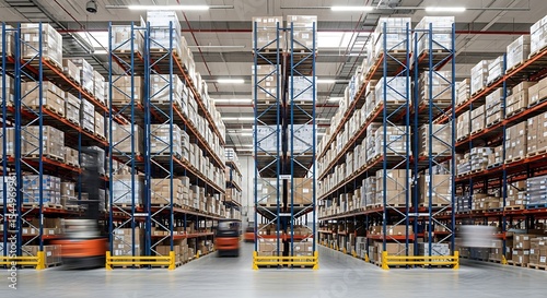 Modern warehouse interior with high-bay racking systems, filled with numerous cardboard boxes and two forklifts operating.