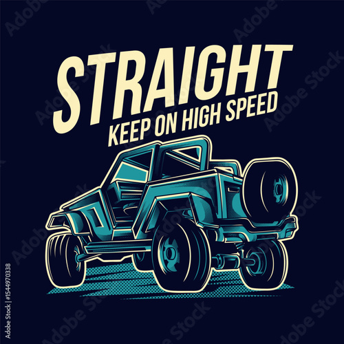 Dynamic illustration of an off-road vehicle combined with impactful typography. Perfect for concepts, outdoor adventures, and motivational themes. Vibrant graphic art merging high-speed thrill and cre