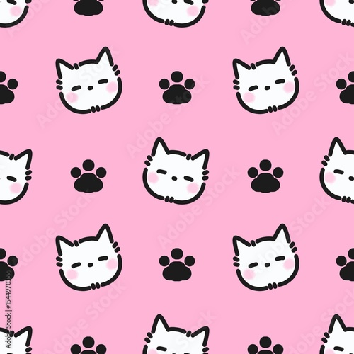 Cute white cat face and paw pattern on pink background. Adorable and playful cartoon design, ideal for fabric, wrapping paper, kids products, and pet-themed items.