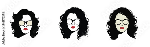 Stylish Woman with Glasses and Red Lips Vector Portrait Set
