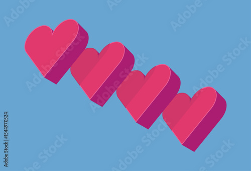 Four 3D pink hearts on blue background. A illustration featuring four bold pink hearts aligned diagonally across. This minimalist and modern graphic conveys themes of love, romance and affection.
