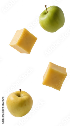 Fresh green apple, yellow apple, cheese cubes, healthy snack, vibrant colors, food photography