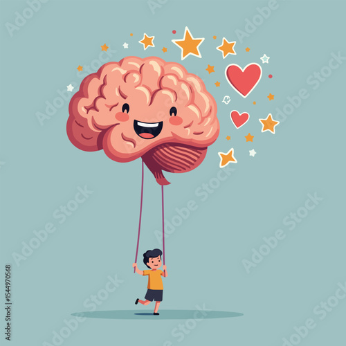 Positive Thinking Day vector illustration featuring a happy brain, positivity orbit, mental growth tree, self-belief, uplifting thoughts, and motivational metaphors in flat solid color style