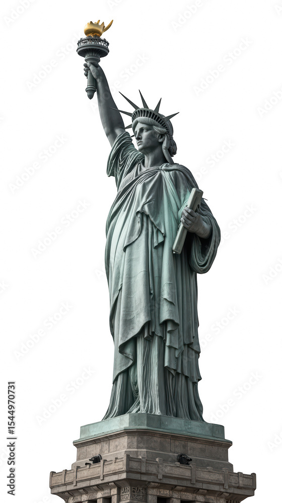 Fototapeta premium Iconic statue represents freedom and democracy, showcasing woman holding torch and tablet. green patina adds to its historical significance