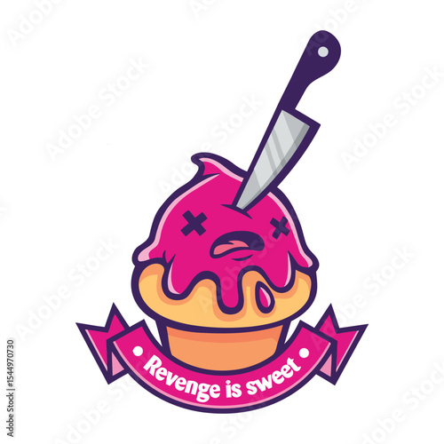 illustration design depicting a cute pink  emblem cupcake, illustrating with playful and humorous styling elements.