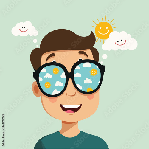 Positive Thinking Day vector illustration featuring a happy brain, positivity orbit, mental growth tree, self-belief, uplifting thoughts, and motivational metaphors in flat solid color style