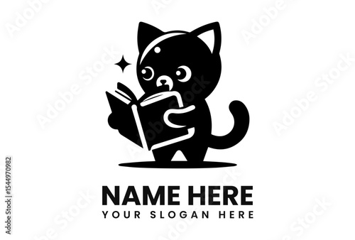 Adorable cartoon cat engrossed in reading a book, magical sparkle effect.