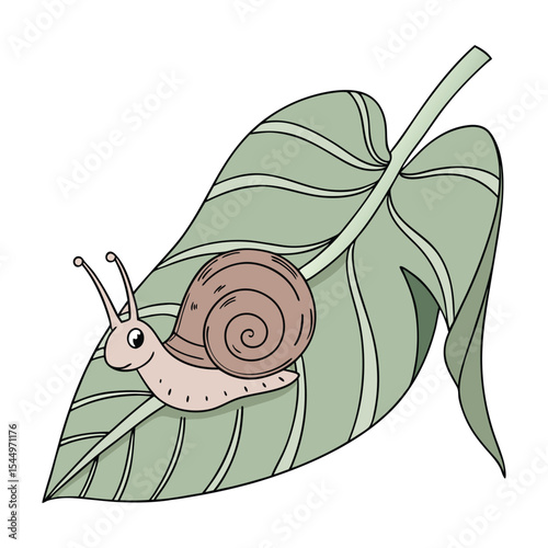 Cute cartoon snail with a spiral shell on a green leaf, perfect for a nature-inspired design element or icon
