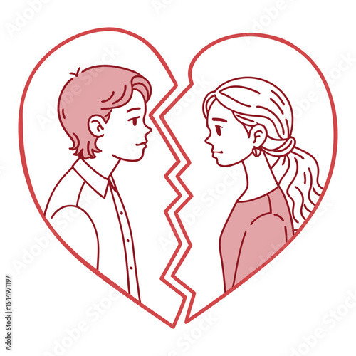 Broken Heart Relationship Vector Illustration, Couple Separated by Broken Heart Symbol, Heartbreak and Divorce Concept Graphic