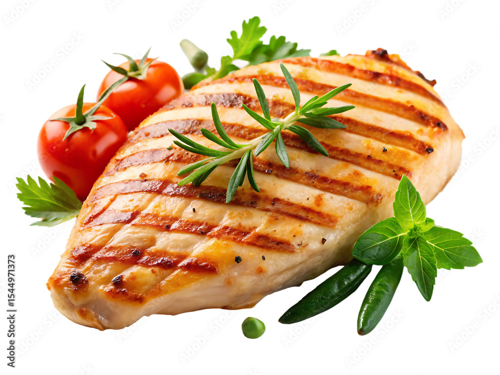 Grilled Chicken Breast Rosemary Garnish Cherry Tomatoes Green Peppers Isolated on a transparent background Grilled Chicken Breast Rosemary Garnish Cherry Tomatoes Green Peppers Isolated on a transparent background