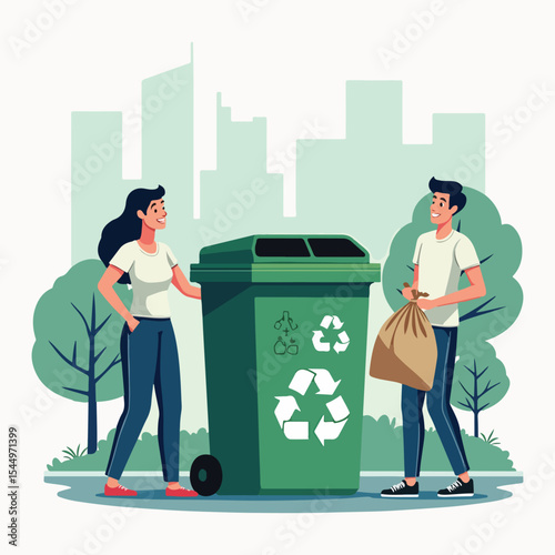 World Cleanup Day vector illustration showing diverse people collecting trash, recycling, planting trees, and caring for the Earth in solid colors for eco-friendly awareness campaigns.