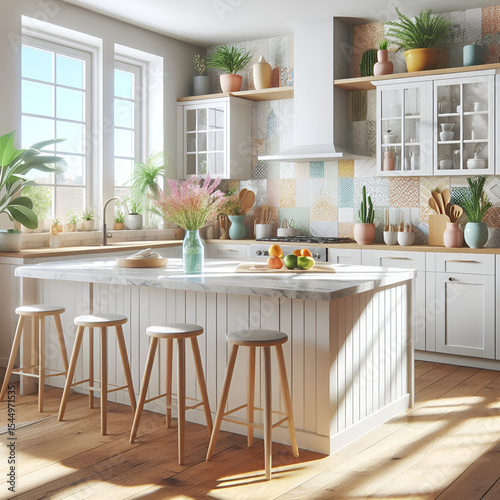 Bright Modern Kitchen Interior with Indoor Plants  White Cabinets  and Natural Light