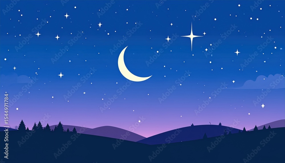 Naklejka premium Night sky with moon and stars over a serene landscape.