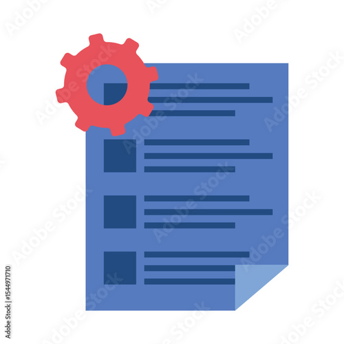 Document settings icon in flat style, showing gear on file for content or system setup.