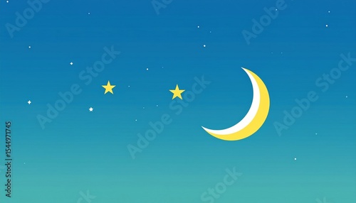 Night sky with crescent moon and stars against a blue background.