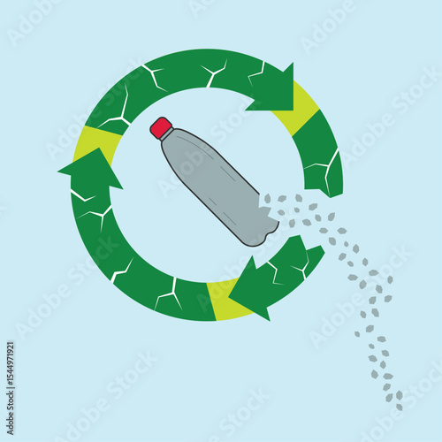 Vector illustration of cracked plastic bottle breaking down into microplastics, surrounded by a damaged recycling symbol. Conceptual image highlighting plastic pollution and flawed recycling systems.